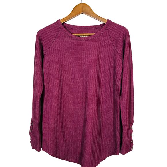 Chaser Waffle Knit Scoop Neck Pullover Top Long Sleeve Casual Eggplant - S - Picture 1 of 5